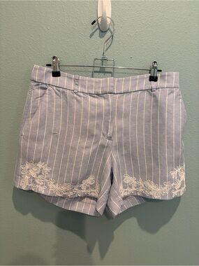 LOFT Rivera Light Blue Pinstripe Shorts with White Embroidered Hem
